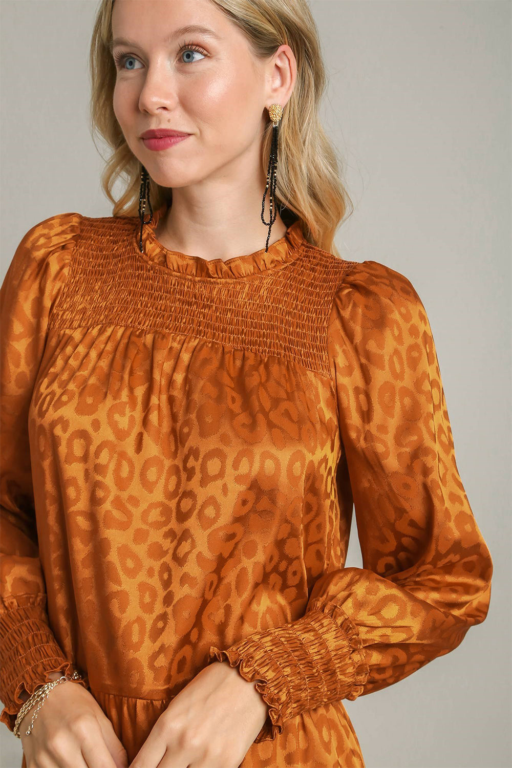 Umgee Smocked Leopard Long Sleeve Tiered Dress ca6527e9-4d39-417e-84ef-afab7e7cea82-Max Trendsi