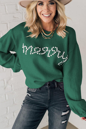 Blackish Green Pearl Beaded Merry Casual Sweater ca7dd0f5753a98ac Glownestbest