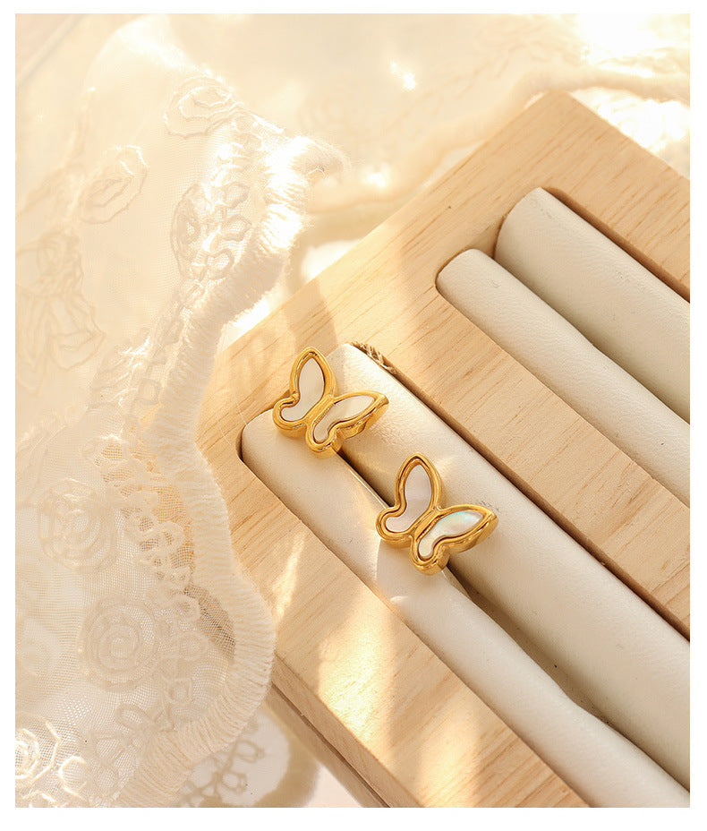 18k Gold Simple Butterfly White Seashell Design Necklace Earrings Set ca9d7702-46bd-43eb-9ad3-d66c63513a61 Artshiney
