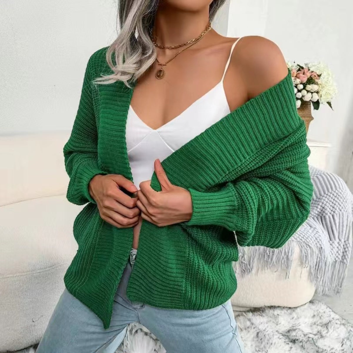 Open Front Lantern Sleeve Cardigan Green cab24864ed734de9b3b2685004b534d9-Max Glownestbest