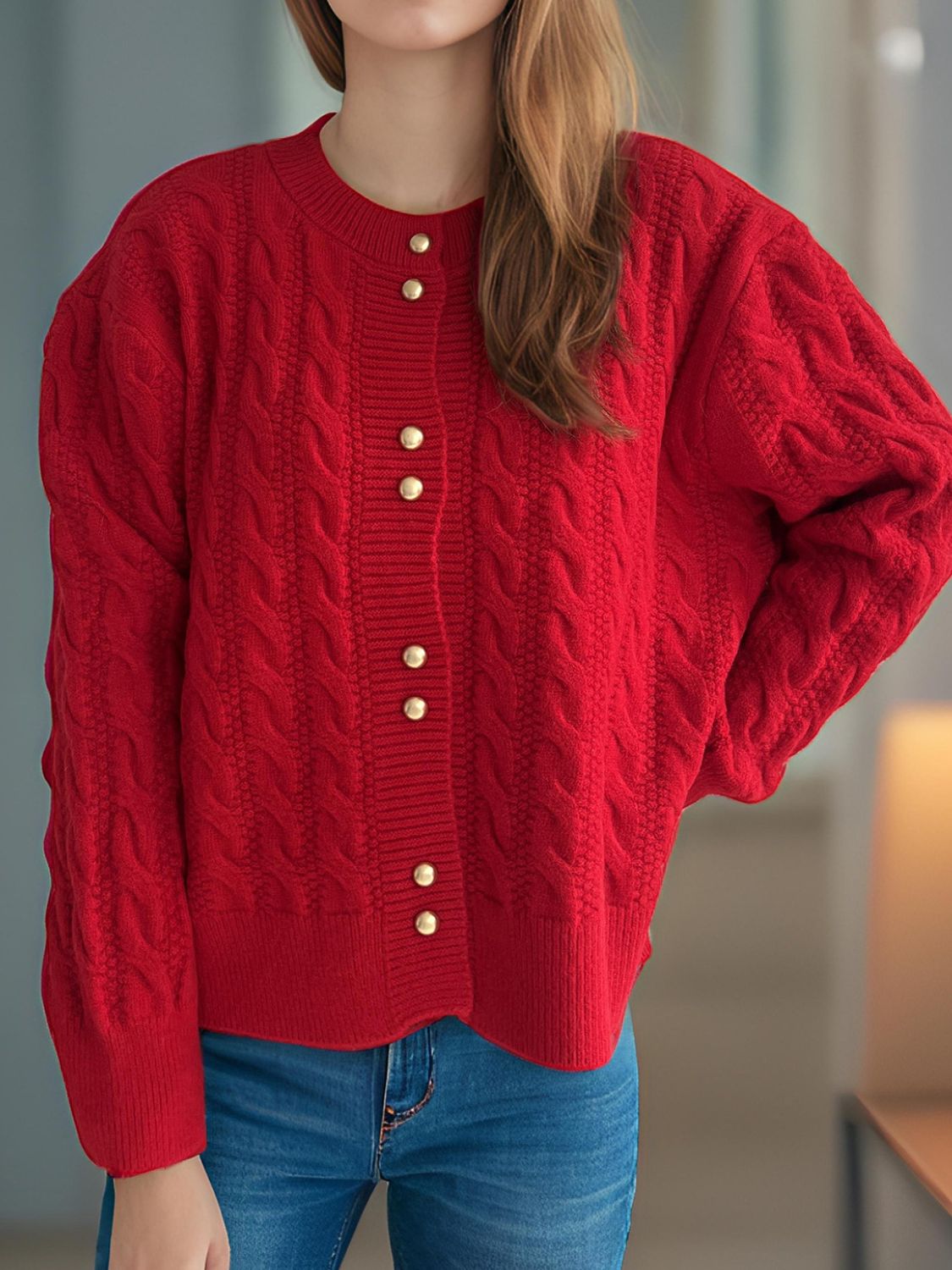 Cable-Knit Round Neck Long Sleeve Cardigan cad3c4f8-d8b6-4d1d-98cd-2d5a92ee1e01-Max Glownestbest