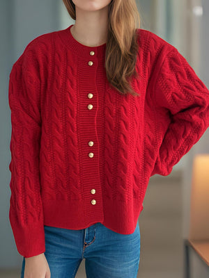 Cable-Knit Round Neck Long Sleeve Cardigan cad3c4f8-d8b6-4d1d-98cd-2d5a92ee1e01-Max Glownestbest