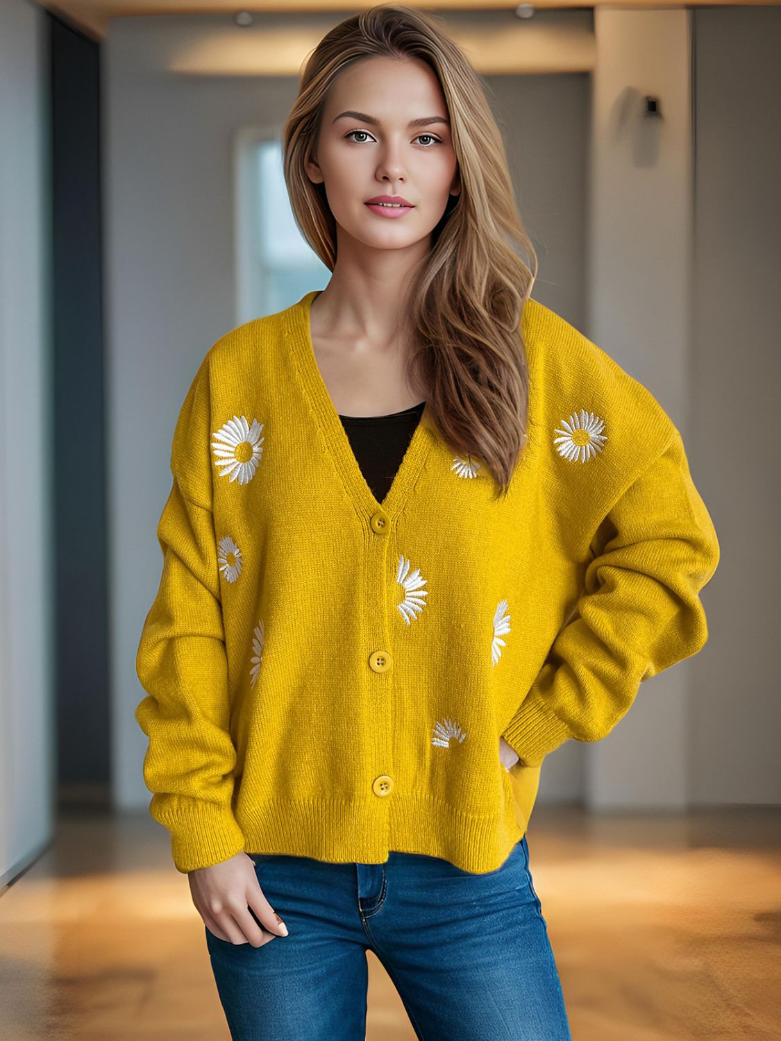 Daisy Button Up V-Neck Cardigan Mustard One Size cb100ce3-b09c-4d7e-ac2f-4788b944d1ec-Max Glownestbest