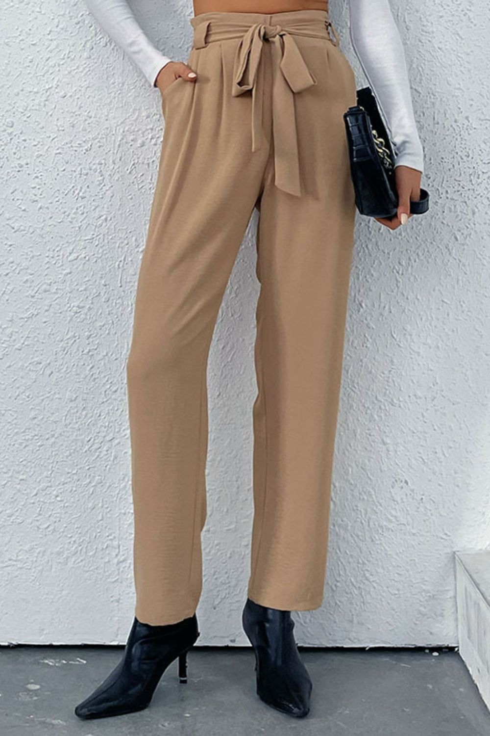 Perfee Belted Straight Leg Pants with Pockets Khaki cb1c55c0cb0d449eb5603049276c0300-Max Trendsi