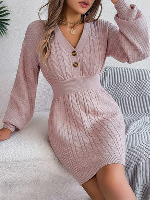 Buttoned Cable-Knit V-Neck Sweater Dress cb357c26f405408089a68e5e8e3033bf-Max Glownestbest