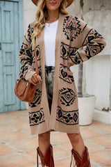 Angel Wings Pocketed Geometric Open Front Dropped Shoulder Cardigan Khaki cbf5dd30-51e7-4f5a-a9a4-adcb2d82782a-Max Glownestbest