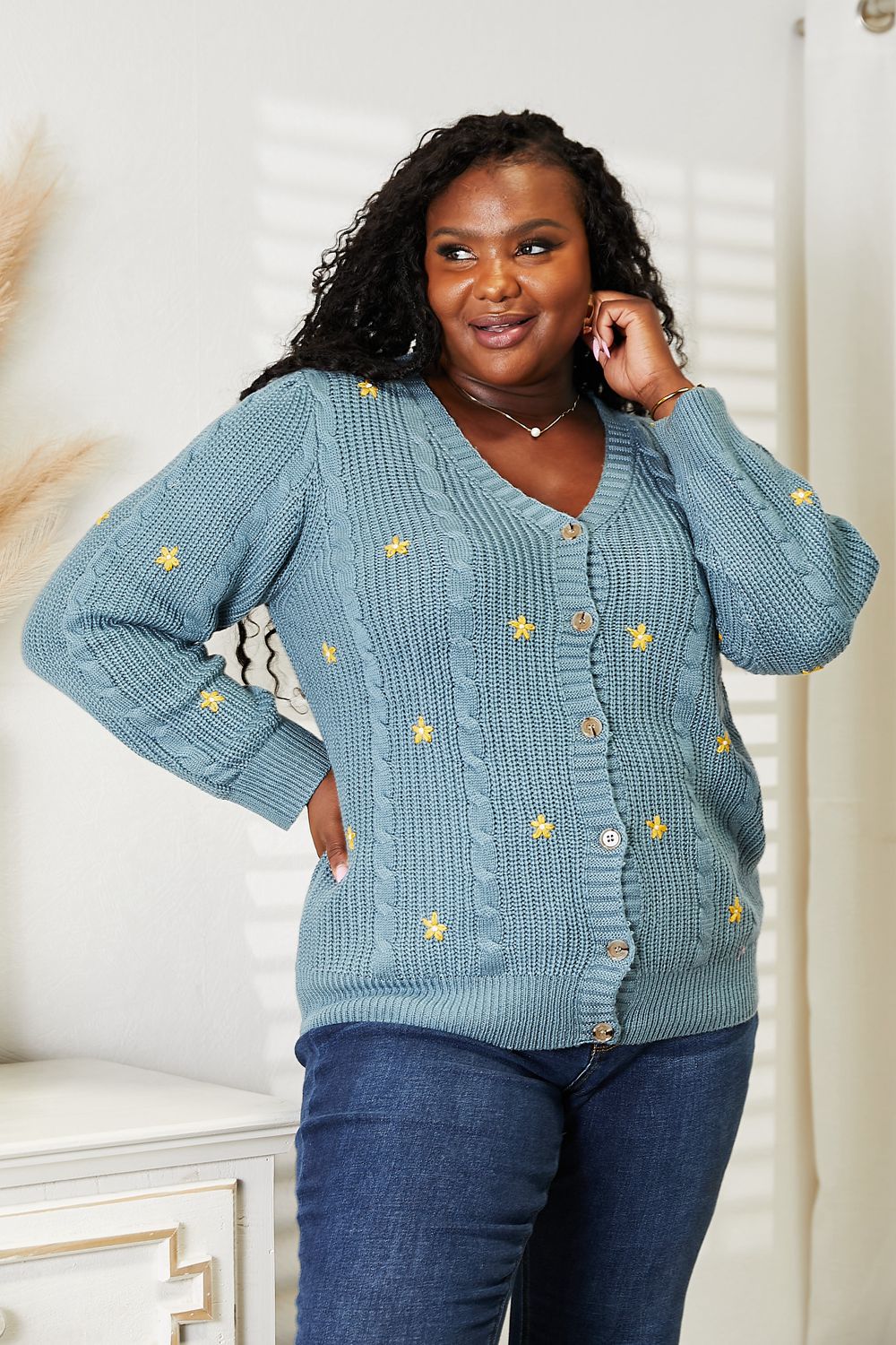 Glownestbest® | HEYSON Full Size Floral Embroidered Cable Cardigan Turquoise cc1cd2606c4c48c6b1afd0414dcdabd7-Max Glownestbest