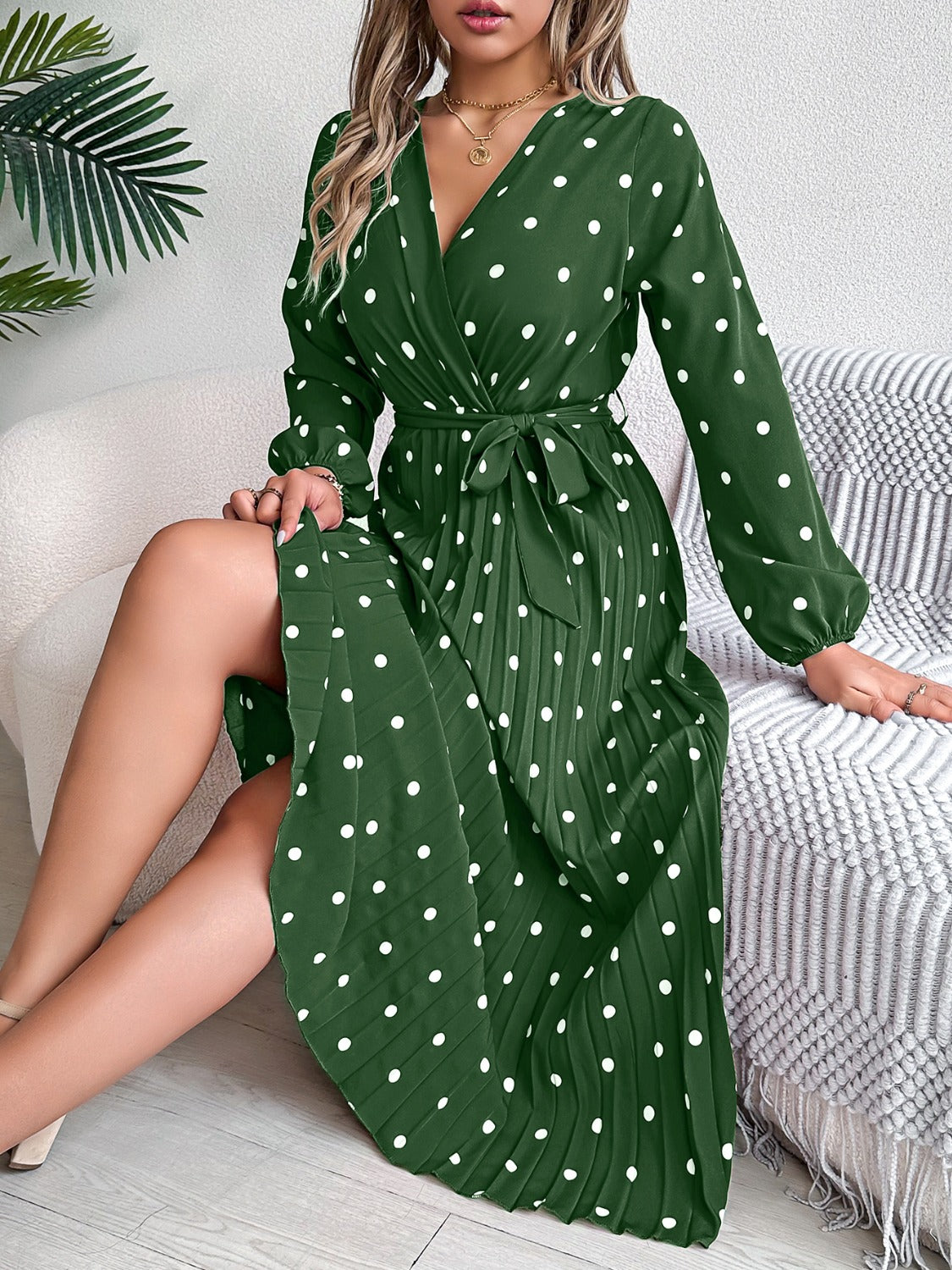 Tied Polka Dot Long Sleeve Midi Dress cc2cbfb6-a64e-410b-b3b0-0f5f2af68e5f-Max Glownestbest