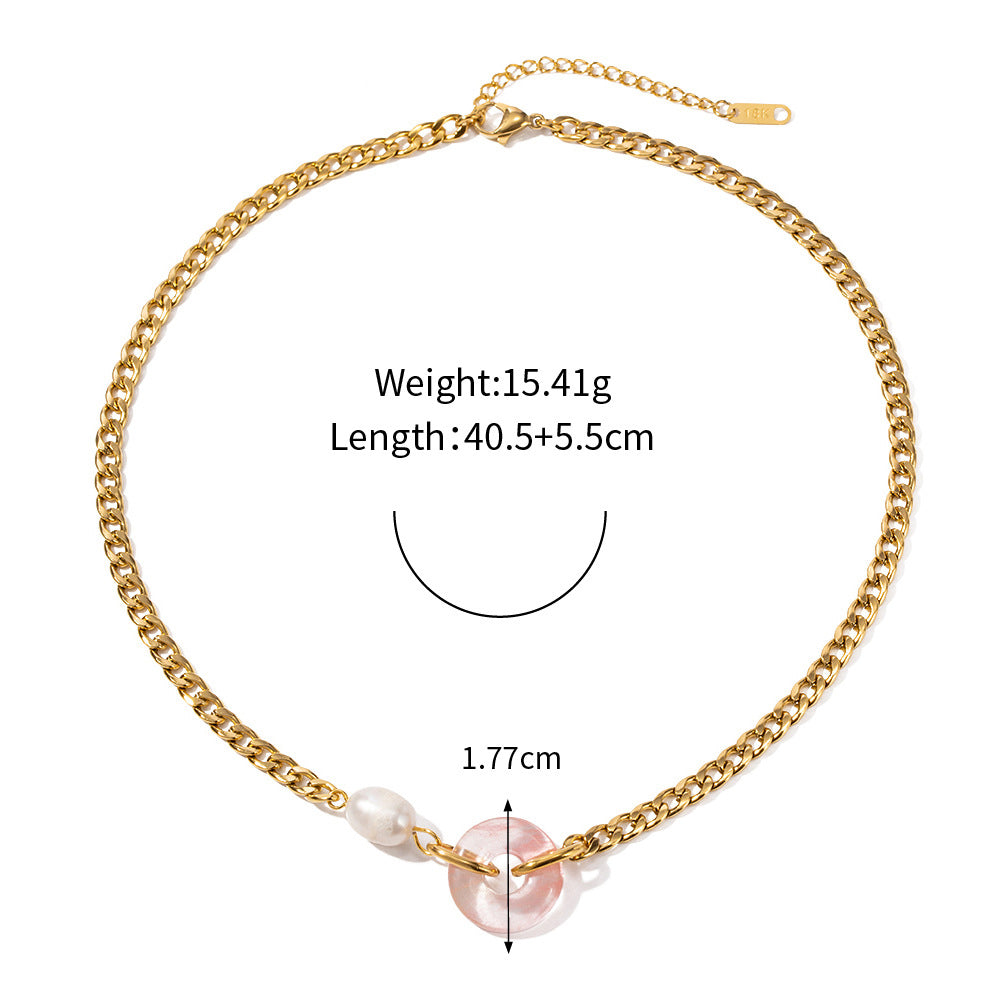 18K Gold Fashion Personality Cuban Chain with Natural Stone Ring Design Pendant Necklace Pink ccaac6ad-1bab-423e-a95d-c33a7f53a7ac Artshiney