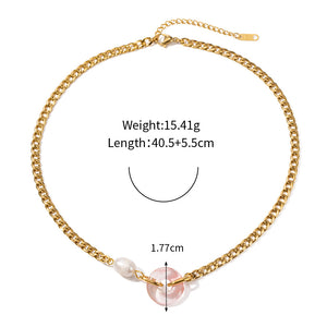 18K Gold Fashion Personality Cuban Chain with Natural Stone Ring Design Pendant Necklace Pink ccaac6ad-1bab-423e-a95d-c33a7f53a7ac Artshiney