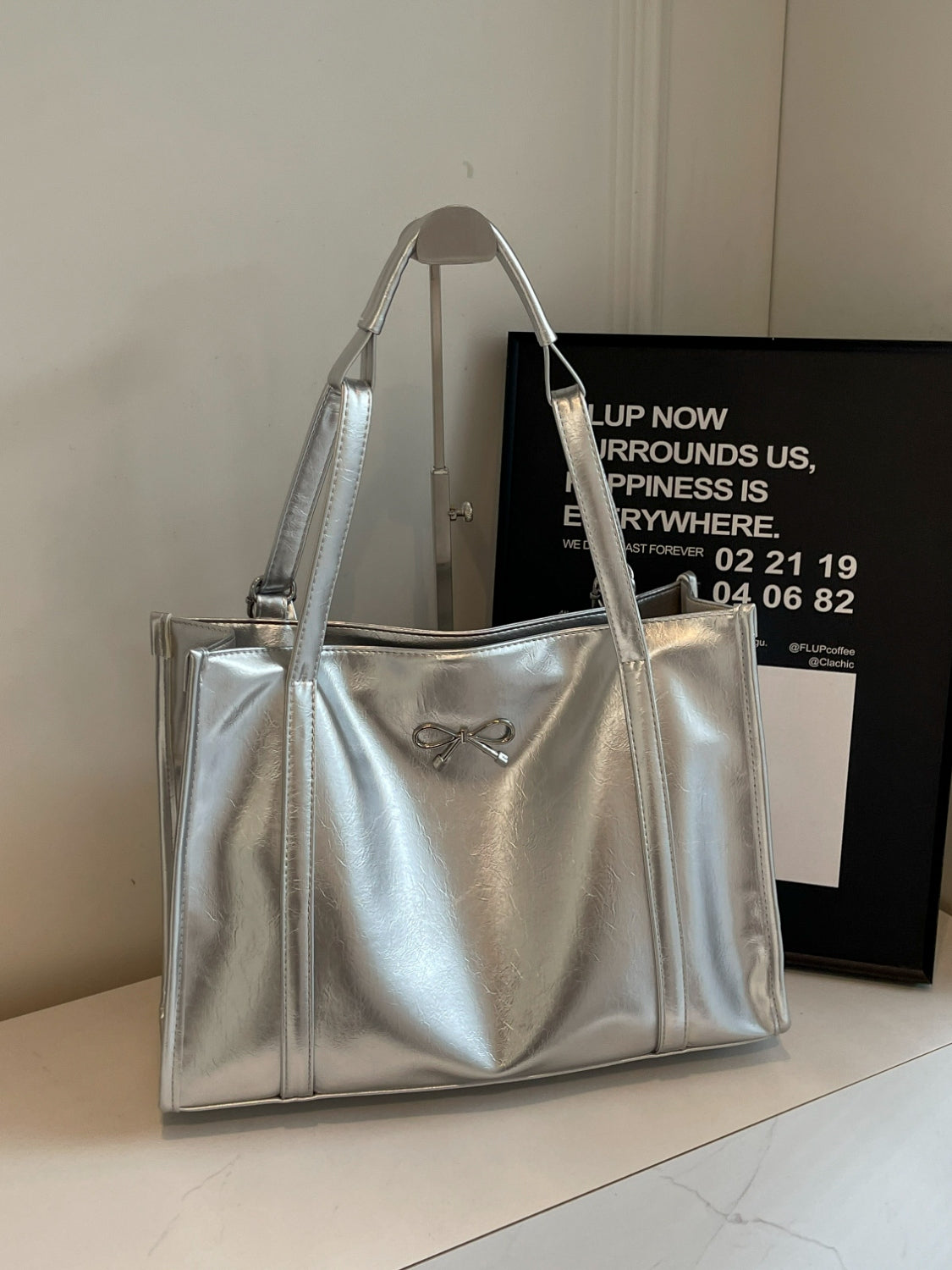 PU Leather Bow Shoulder Bag Silver One Size ccd15b26-7837-4af4-a04f-bf0d4bf790a3-Max Trendsi