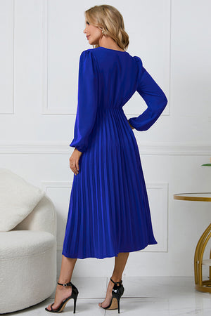 V-Neck Long Sleeve Tie Waist Midi Dress cd35d31c2db54a5999368d110bf72d9a-Max Glownestbest