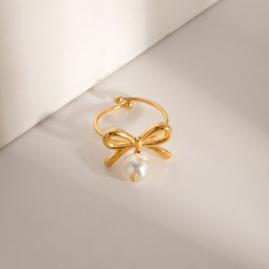 Stainless Steel Pearl Bow Ring cd96e968-7d5e-45e7-9a25-a75905e66e0a-Max Trendsi