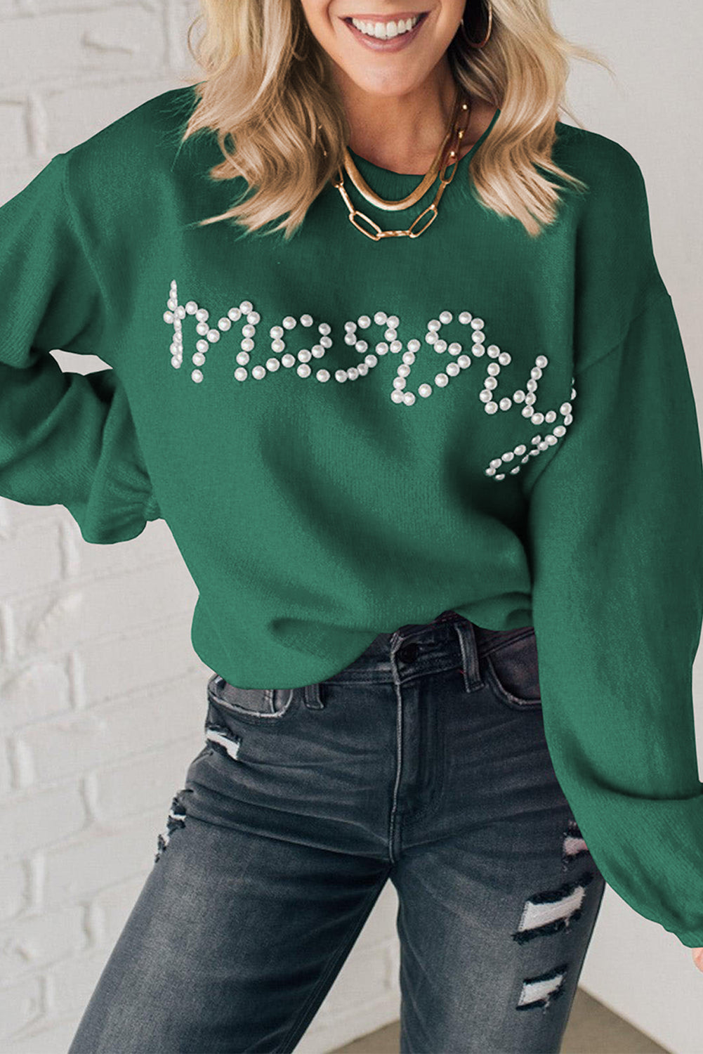 Blackish Green Pearl Beaded Merry Casual Sweater Blackish Green 52%Viscose+26%Polyester+22%Polyamide cd9f2db22ad26cab Glownestbest