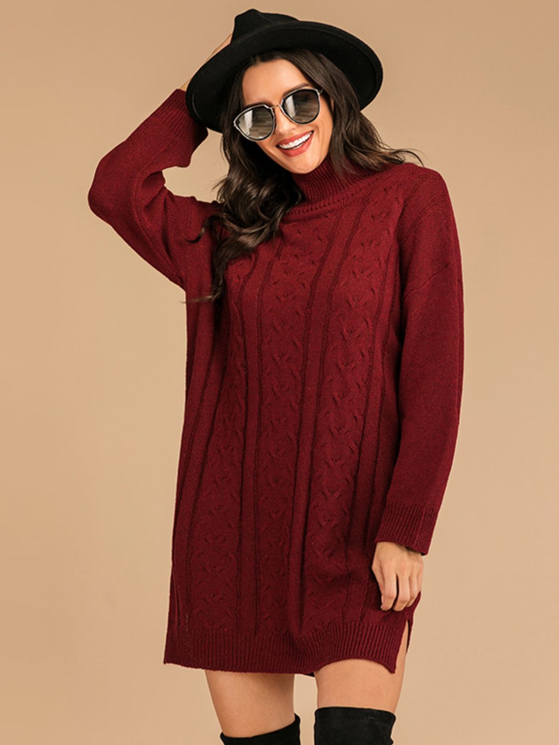 Perfee Slit Turtleneck Long Sleeve Mini Sweater Dress cdf66648-34fc-42a7-ab3d-d4f6edfaed3a-Max Glownestbest