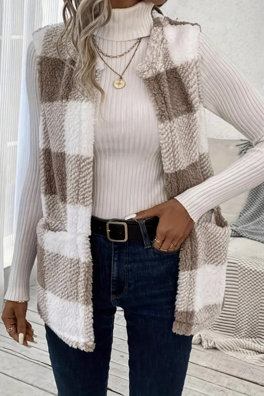 Glownestbest ® | Sherpa Plaid Open Front Vest Coat cdfc4aea-d41f-47f0-8b29-c0c17affe493-Max Glownestbest