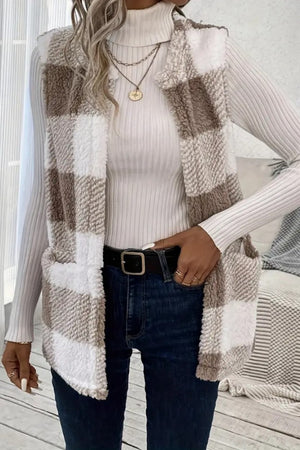 Glownestbest ® | Sherpa Plaid Open Front Vest Coat cdfc4aea-d41f-47f0-8b29-c0c17affe493-Max Glownestbest