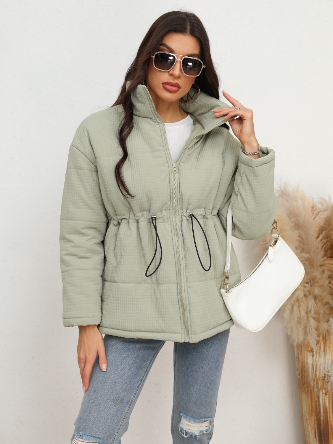 Glownestbest ® | Drawstring Waist Zip-Up Puffer Jacket Light Green ce902f528bb24191b159a07732179529-Max Glownestbest