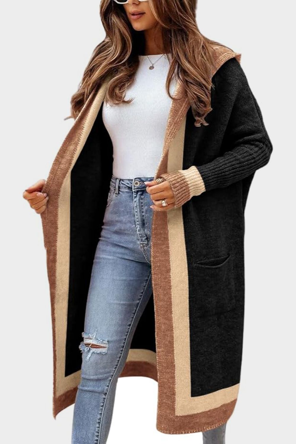 Pocketed Contrast Long Sleeve Hooded Cardigan cf0f23d6-4870-4a8d-bb35-691faa2c7bd8-Max Glownestbest