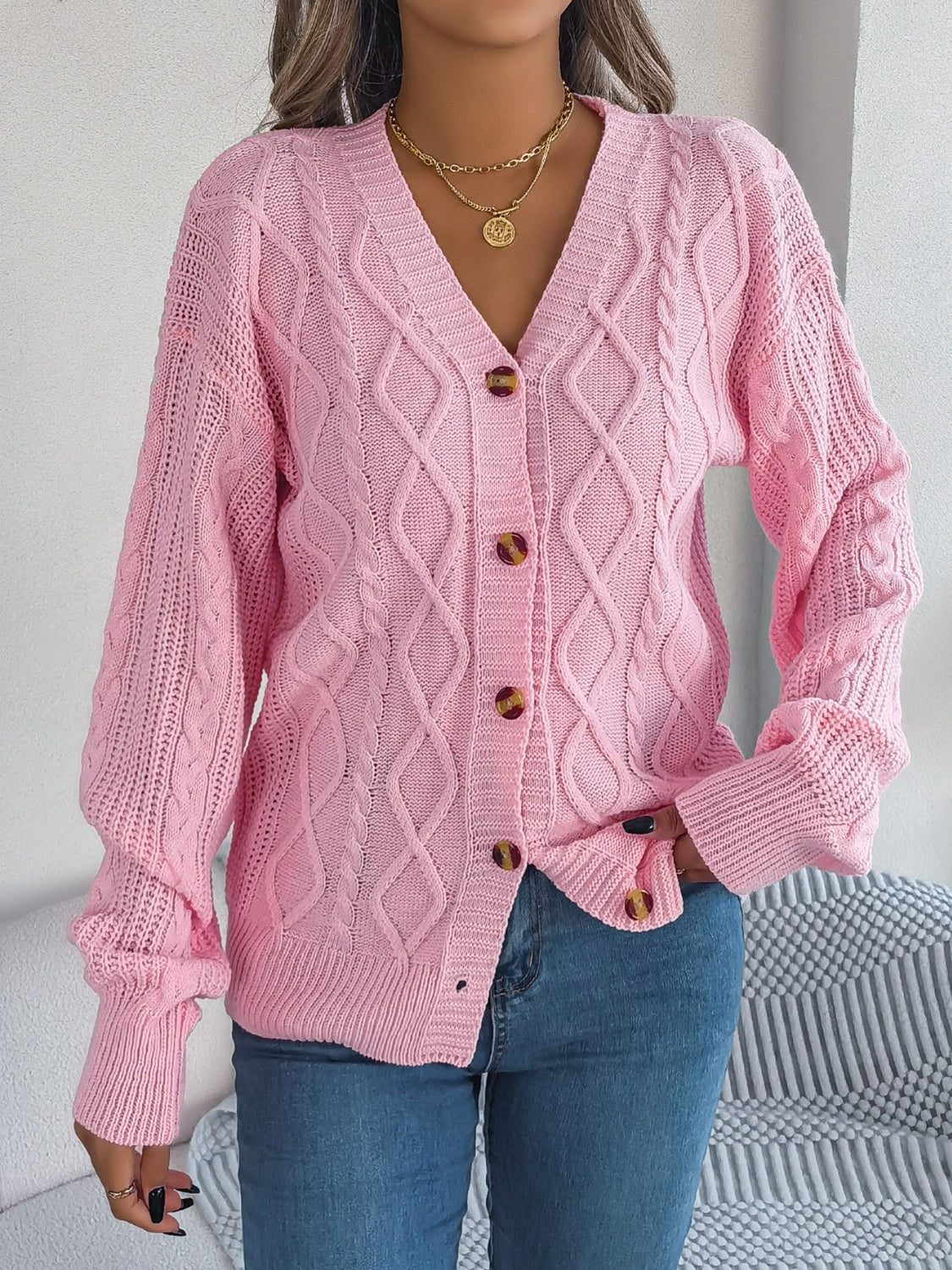 Cable-Knit Long Sleeve Cardigan Blush Pink cfc3d558-0924-4081-b408-86d2b7c0a885-Max Glownestbest