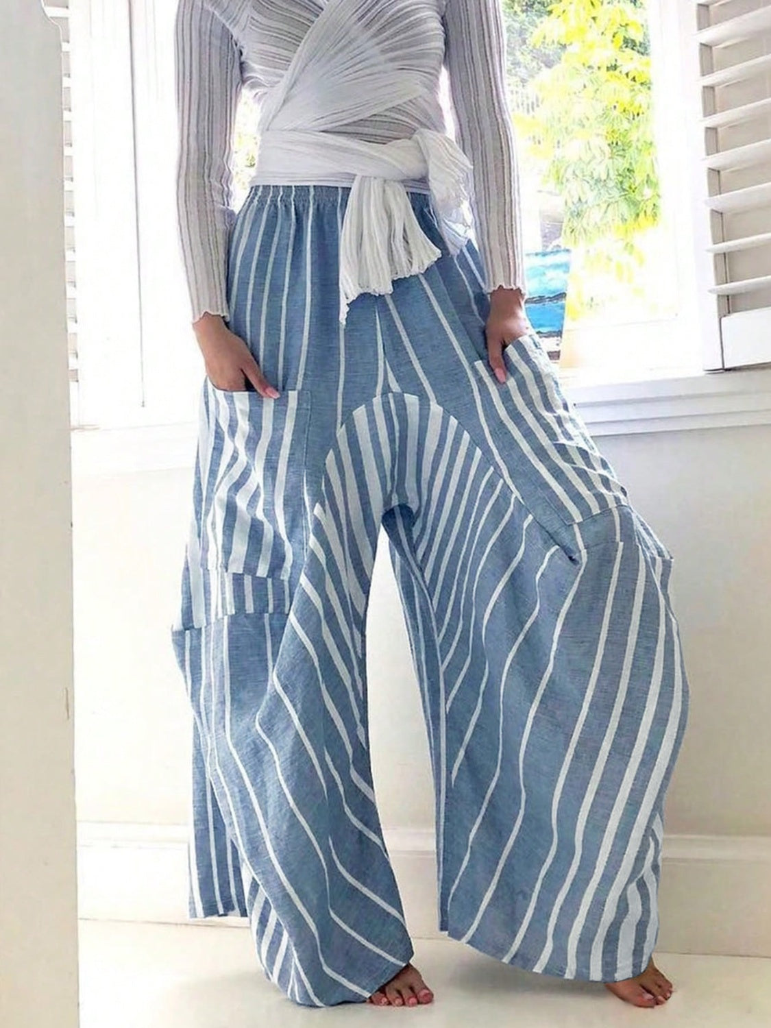 Striped Elastic Waist Wide Leg Pants Light Blue cfe9dcd4-d7e8-49cf-9369-90c56337d57e-Max Trendsi
