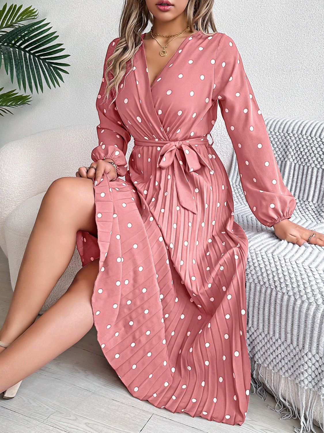 Tied Polka Dot Long Sleeve Midi Dress d01f3e32-4fbc-4afb-ab6f-f4d5ffe01956-Max Glownestbest