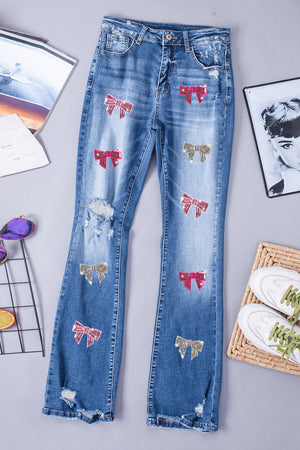 Sequin Bow Distressed Bootcut Jeans d0dbc75a-1480-4b65-a115-3a39d09a9490-Max Trendsi