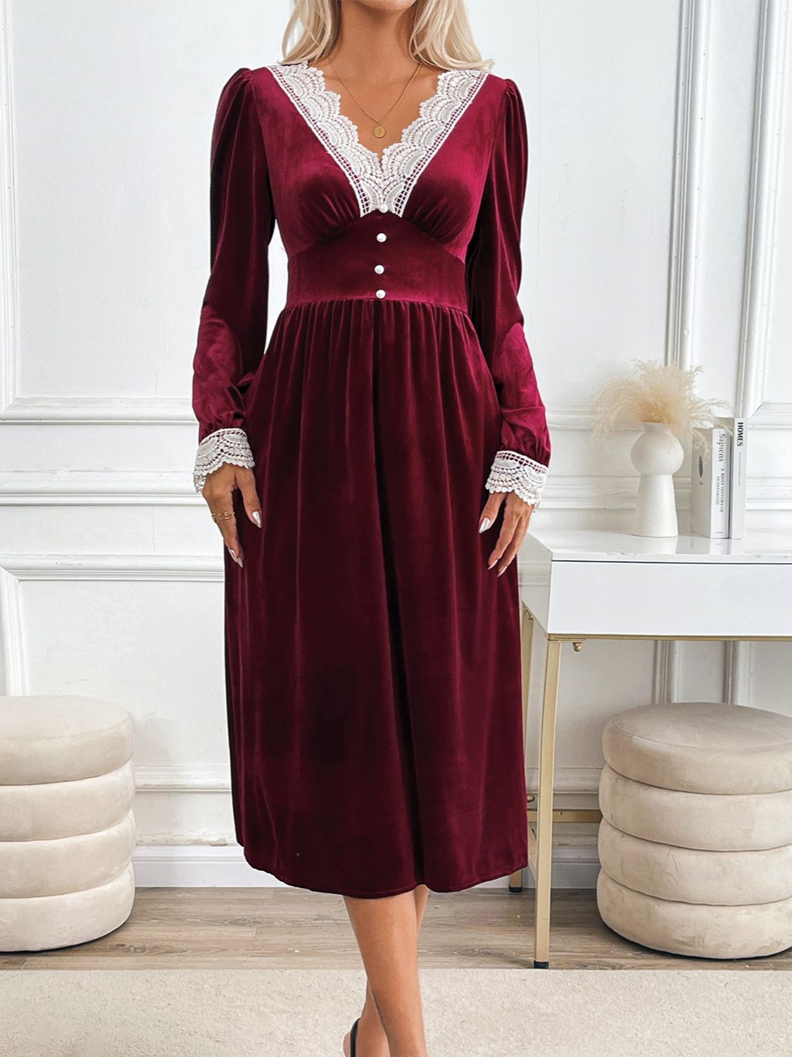 Perfee Lace Detail V-Neck Long Sleeve Midi Dress d12da849-2f65-4311-9055-7830ed7709ce-Max Glownestbest