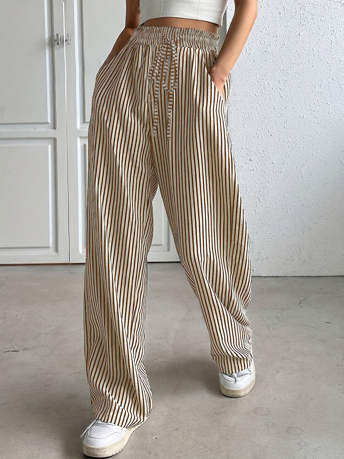 Drawstring Striped Elastic Waist Pants Tan d13198c7-3fed-455e-a3ea-63bdf72fc337-Max Trendsi