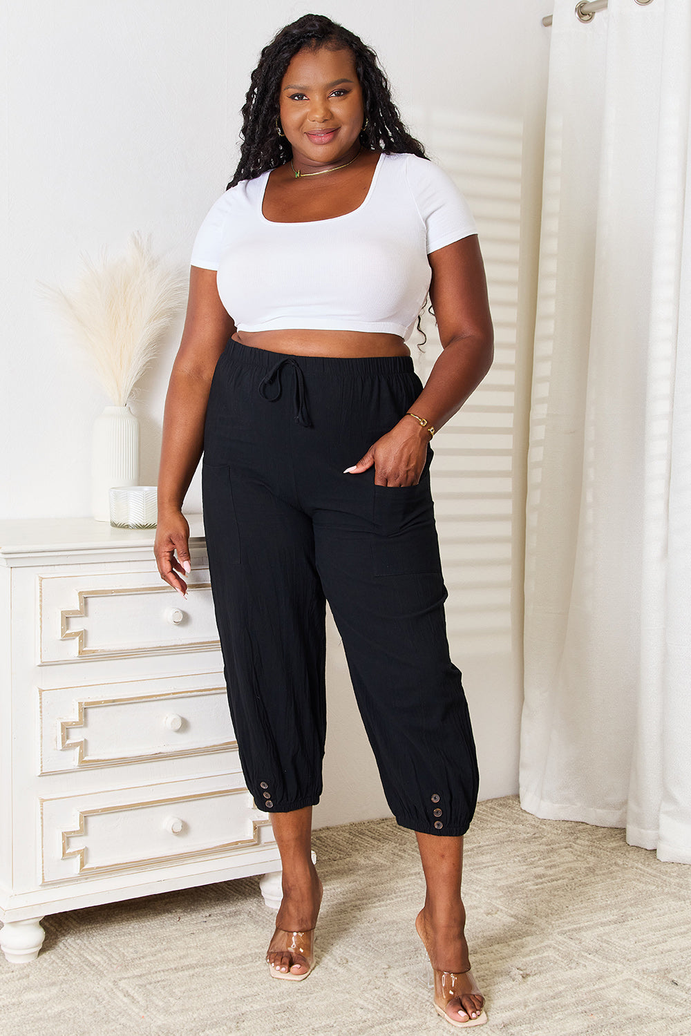 Shiny Decorative Button Cropped Pants d155a49d668f44d3b1d0c4009dacf759-Max Trendsi