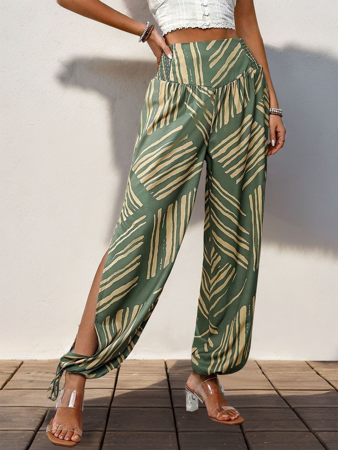 Perfee Smocked Slit Printed High Waist Pants Moss d1b361f8-6c8f-4750-8bd9-53a7412ea17c-Max Trendsi