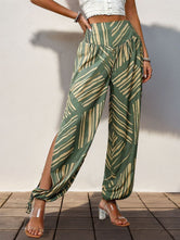 Perfee Smocked Slit Printed High Waist Pants Moss d1b361f8-6c8f-4750-8bd9-53a7412ea17c-Max Trendsi