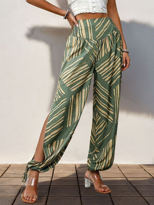 Perfee Smocked Slit Printed High Waist Pants Moss d1b361f8-6c8f-4750-8bd9-53a7412ea17c-Max Trendsi