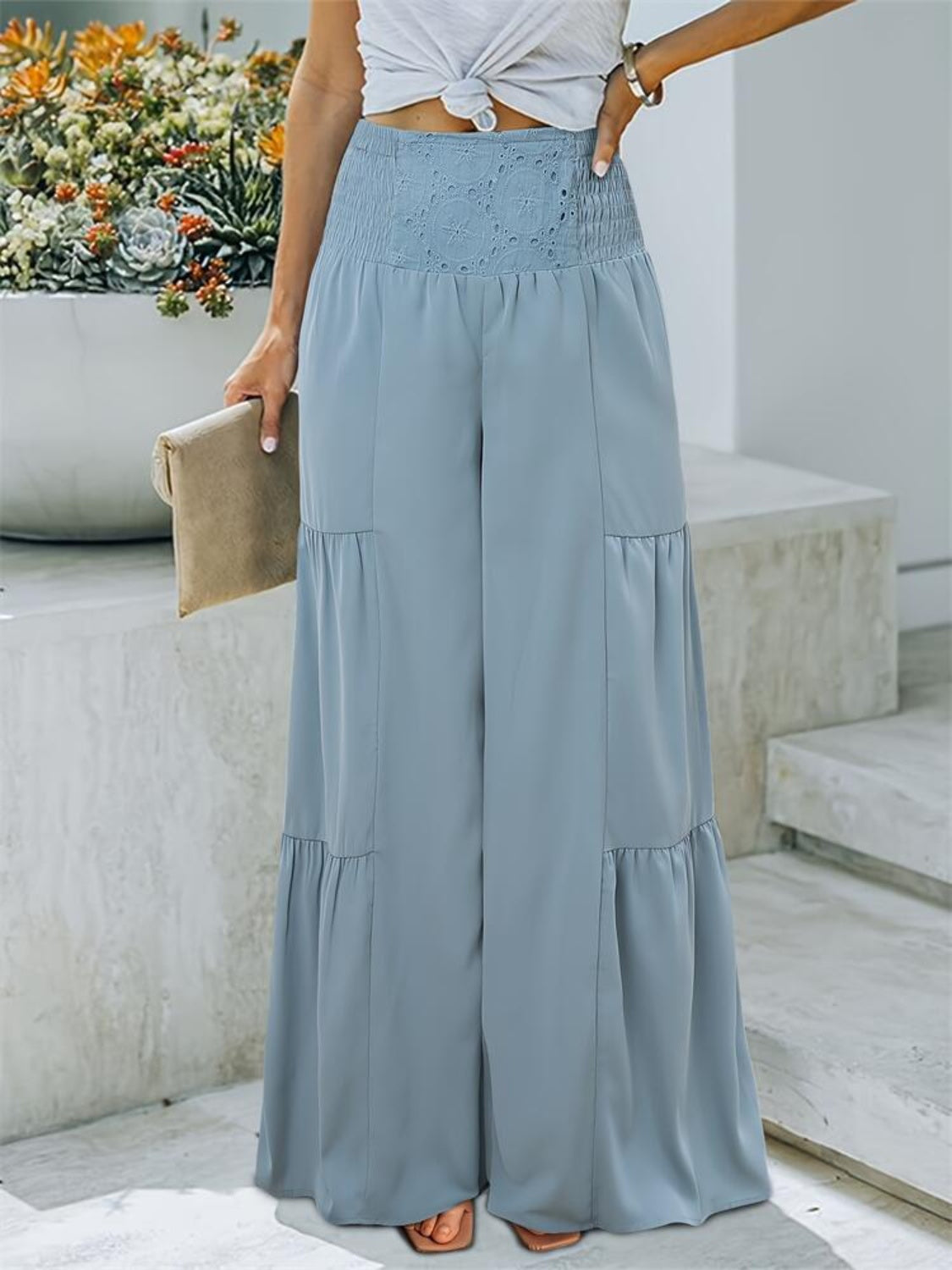 Smocked High Waist Pants Light Blue d1d58d41-f082-492b-bc7c-1ea5a4cdd783-Max Trendsi