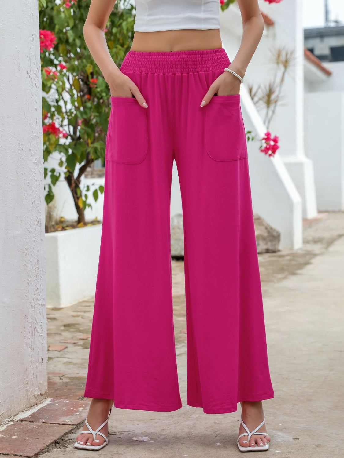 Pocketed Elastic Waist Wide Leg Pants Hot Pink d232dd72-fa8e-4424-9080-1d0655071560-Max Trendsi