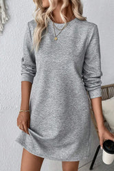 Textured Round Neck Long Sleeve Mini Dress Gray d25626cc-1233-4322-accd-46baa193495d-Max Glownestbest