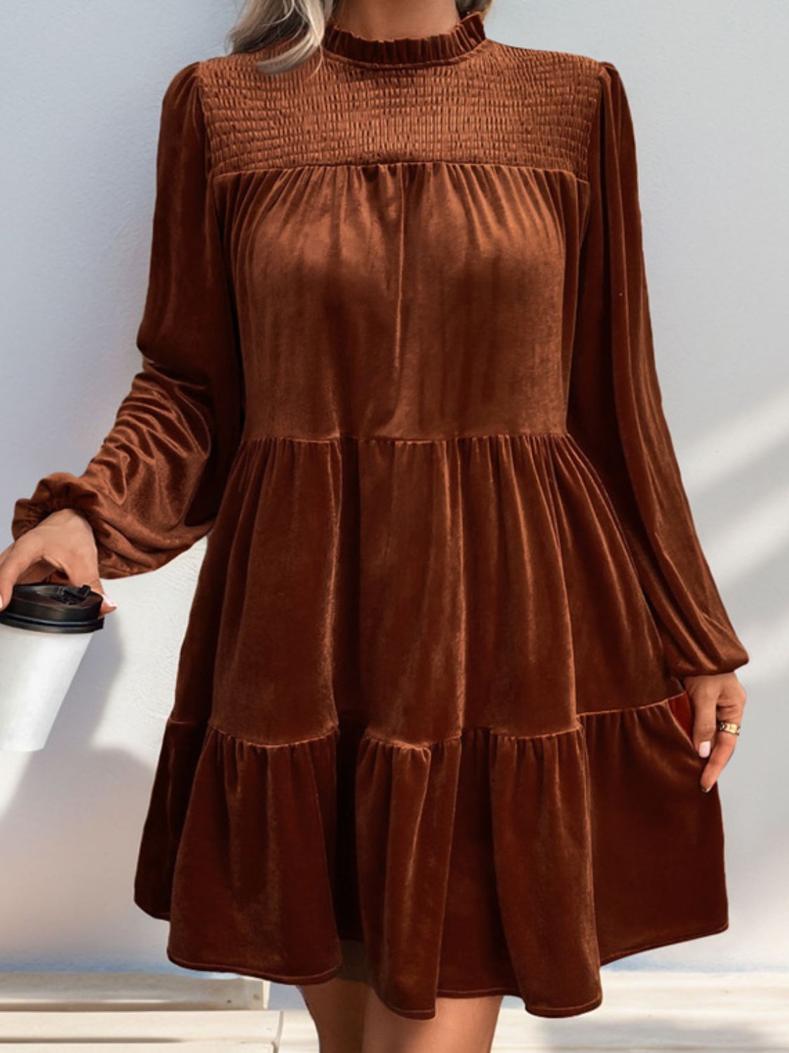 Perfee Tiered Ruched Mock Neck Long Sleeve Dress d31c3975-8900-49a2-bcad-9cdeebba4fa7-Max Glownestbest