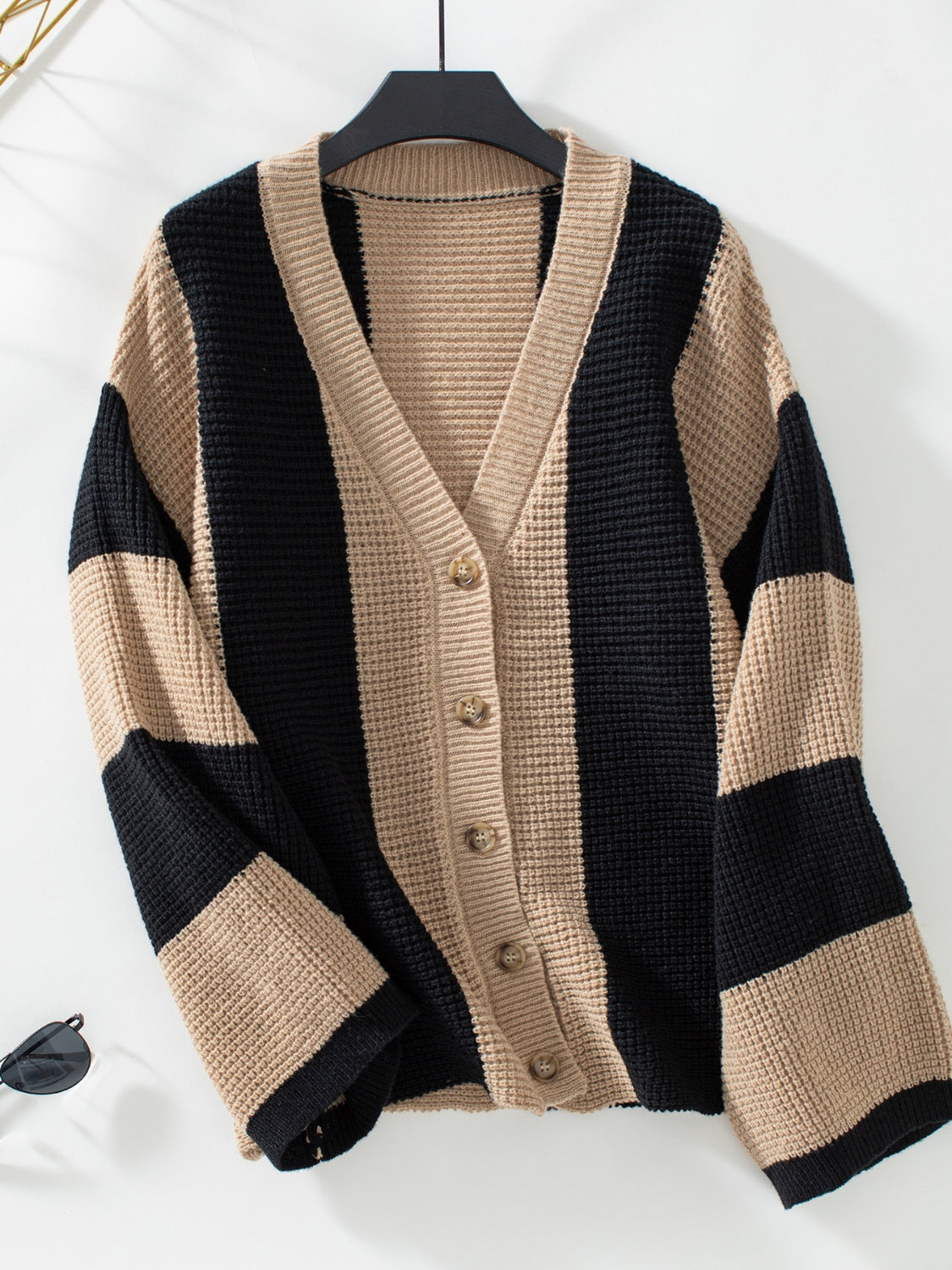 Waffle-Knit V-Neck Striped Long Sleeve Cardigan Camel d4579509-f1a0-4a0f-b086-bdc11de9aee6-Max Glownestbest