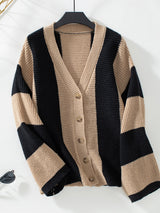 Waffle-Knit V-Neck Striped Long Sleeve Cardigan Camel d4579509-f1a0-4a0f-b086-bdc11de9aee6-Max Glownestbest