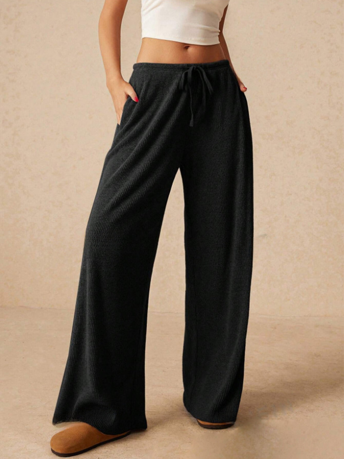 Ribbed Drawstring Wide Leg Pants Black d4e24173-1c78-4c32-817c-2c83f7c549d9-Max Trendsi