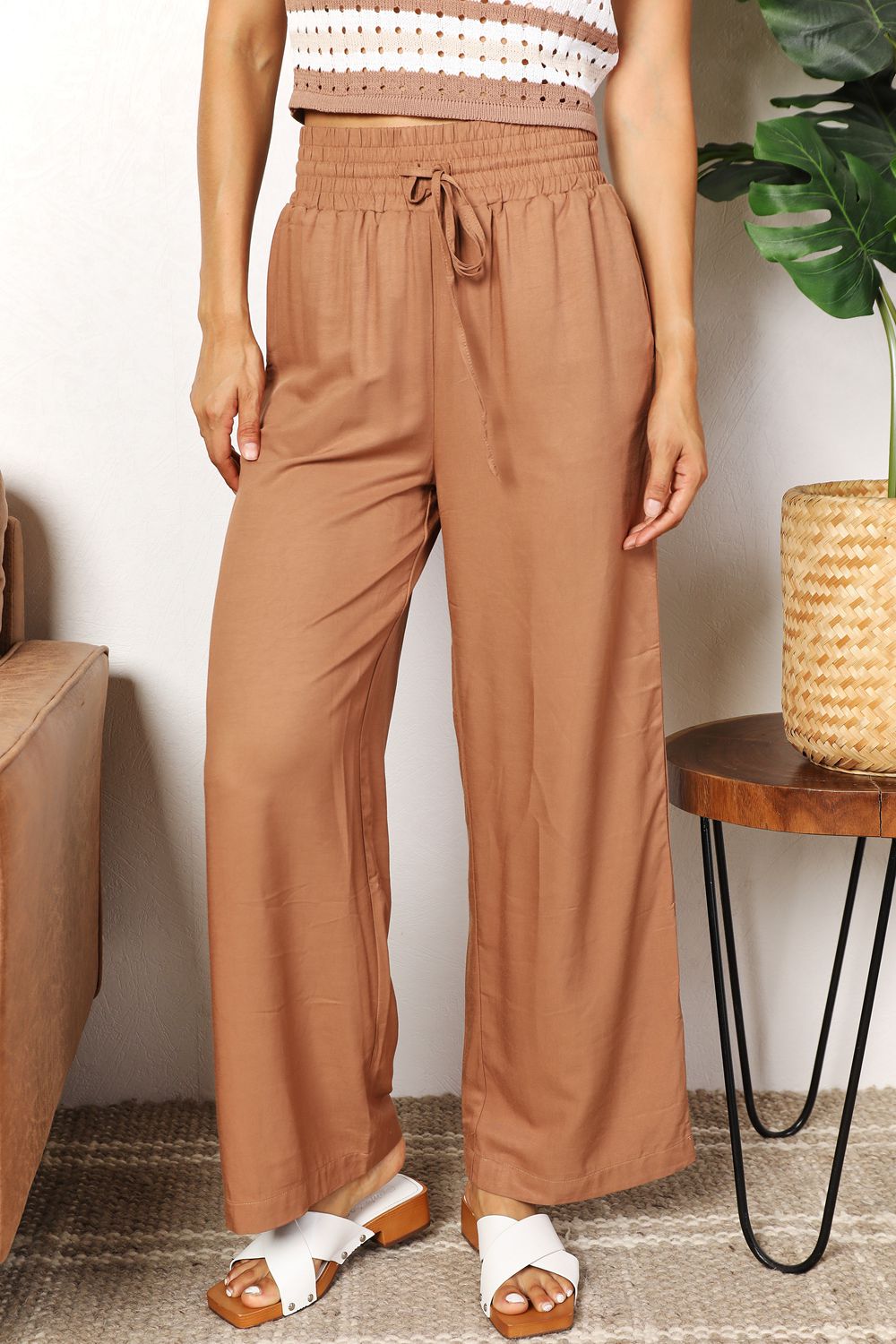 Double Take Drawstring Smocked Waist Wide Leg Pants Camel d54664a04e8d4a15b8815df9e3d6b052-Max Trendsi