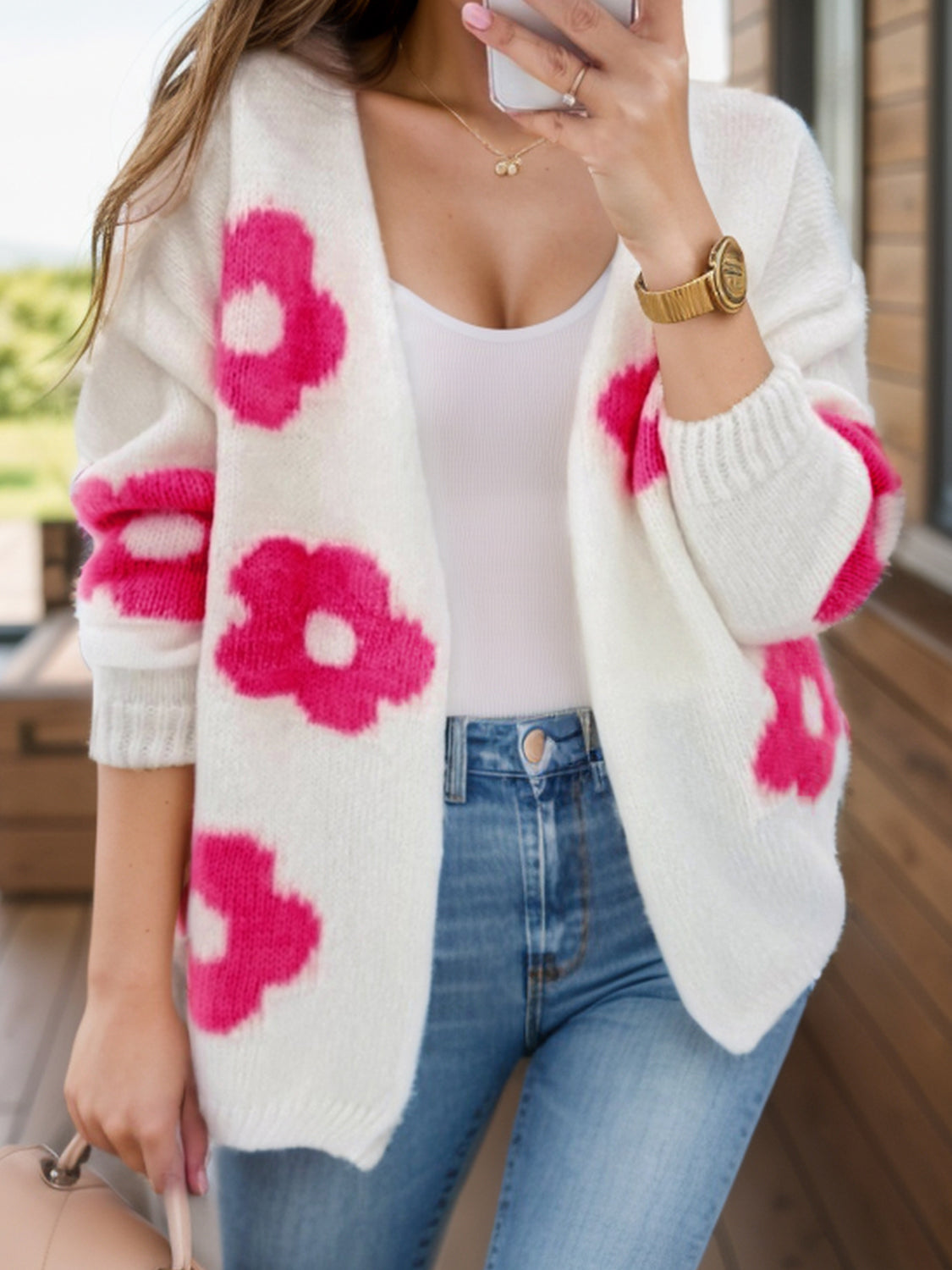 Flower Open Front Long Sleeve Cardigan White d555638d-2fdc-4f50-a115-61b1c31d9d43-Max Glownestbest