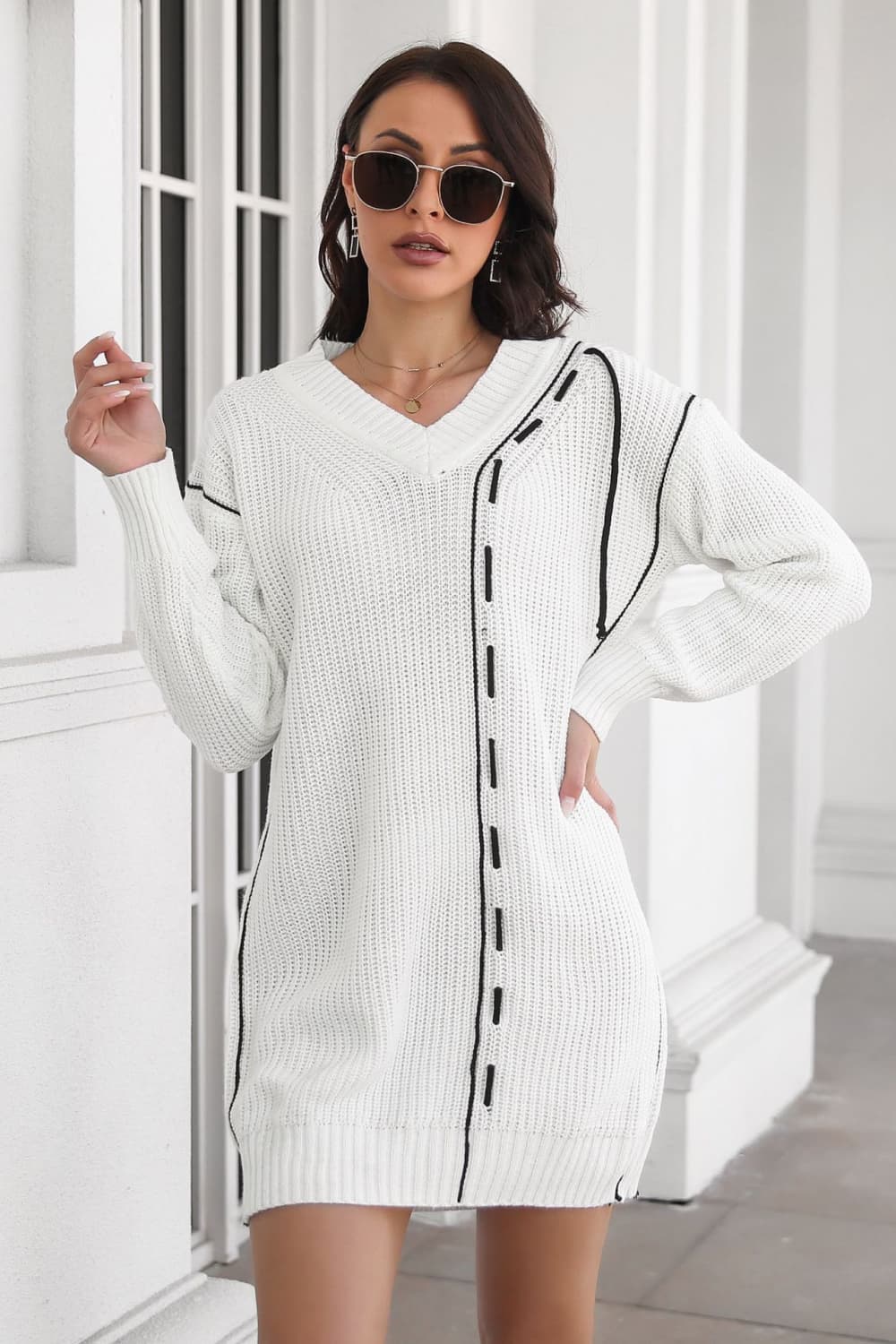Contrast V-Neck Sweater Dress White d58c92cbf42a4576a06e40293dbc2f06-Max Glownestbest