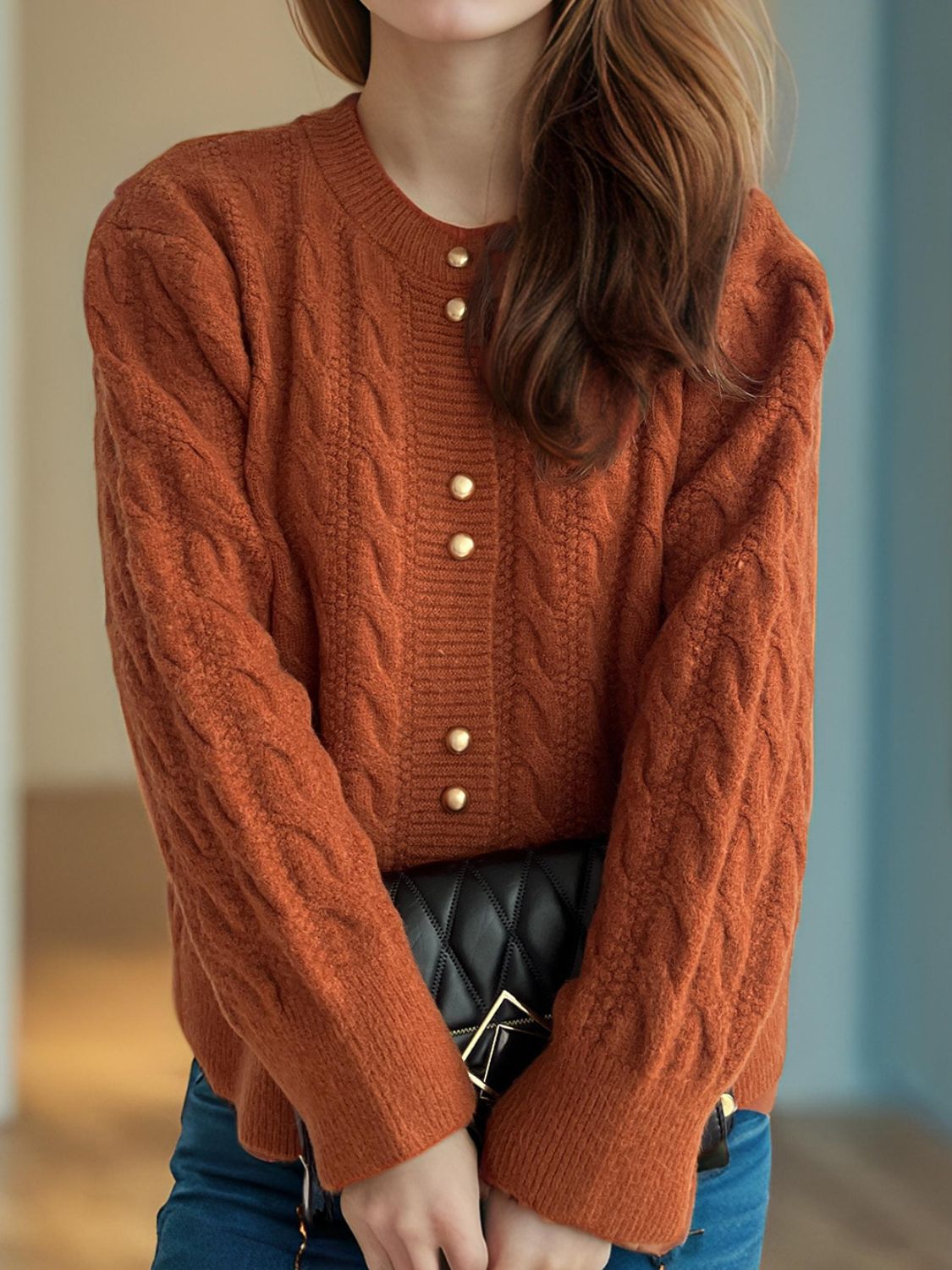 Cable-Knit Round Neck Long Sleeve Cardigan d5bed246-e38c-43e9-a8d8-3ca6b26ccb29-Max Glownestbest