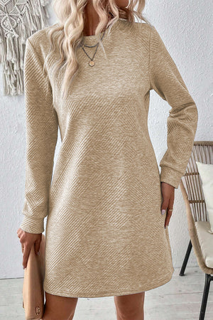 Textured Round Neck Long Sleeve Mini Dress d5d31a23-d440-4223-b95a-df6cbd53f63b-Max Glownestbest