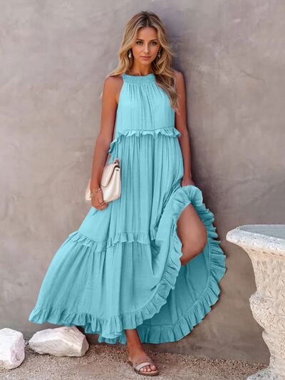 Ruffled Sleeveless Tiered Maxi Dress with Pockets Sky Blue d5ef72a1-892b-49d2-a455-7dff26923d6c-Min Glownestbest