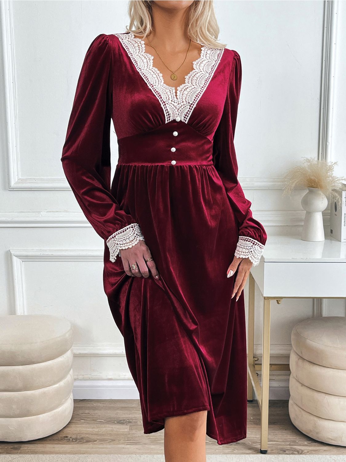 Perfee Lace Detail V-Neck Long Sleeve Midi Dress d634d69d-ad6e-47fb-a62d-38a8880beea1-Max Glownestbest