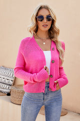Button Up V-Neck Long Sleeve Cardigan Hot Pink d650ab826b164d40a5d9f9d705ec91a9-Max Glownestbest
