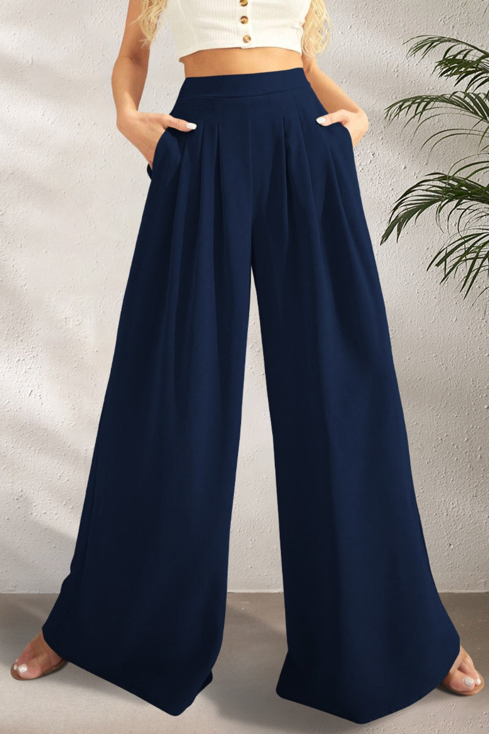 FAM-FAM High Waist Wide Leg Pants Dark Blue d66d43e7-42c2-40f7-8384-79d588dc5964-Max Trendsi