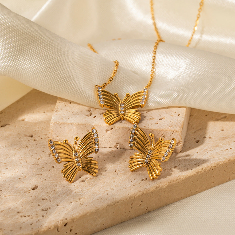 18K Gold Noble and Exquisite Butterfly Inlaid White Zircon Pendant Necklace Earrings Set d75d2fe7-578b-42d1-9c48-17d39f5307ed Artshiney